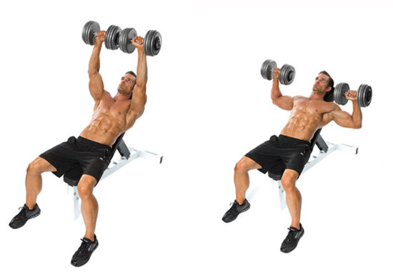 Incline dumbbell flyes: 4 hiệp - mỗi hiệp 15 lần, nghỉ 15 giây
