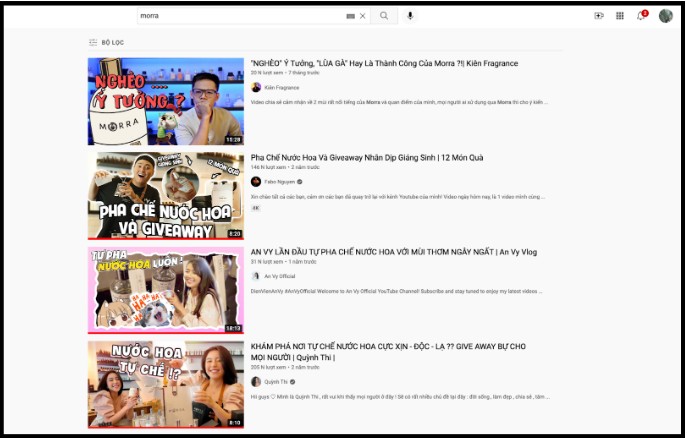 Danh sách video gợi ý sau khi tìm kiếm keyword Morra trên Youtube