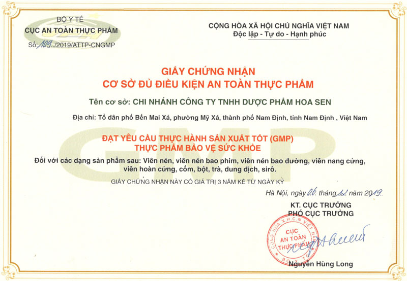 Giấy chứng nhận GMP Công Ty TNHH Dược Phẩm Hoa Sen do Cục ATTP - Bộ Y tế cấp