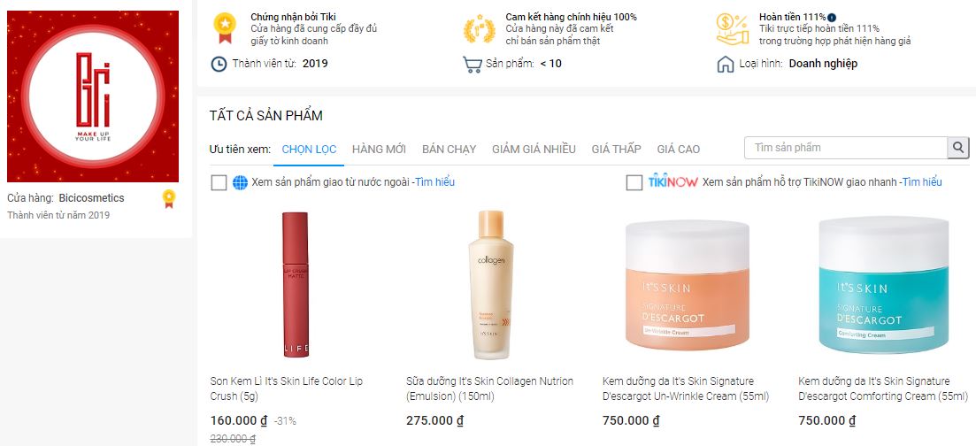 shop mỹ phẩm uy tín trên tiki