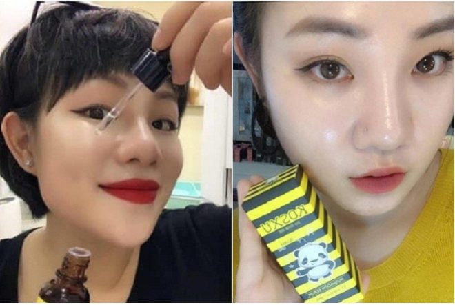 2 cô gái đang chụp ảnh với chai mỹ phẩm