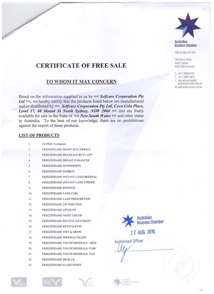 CERTIFICATE OF FREE SALE 002