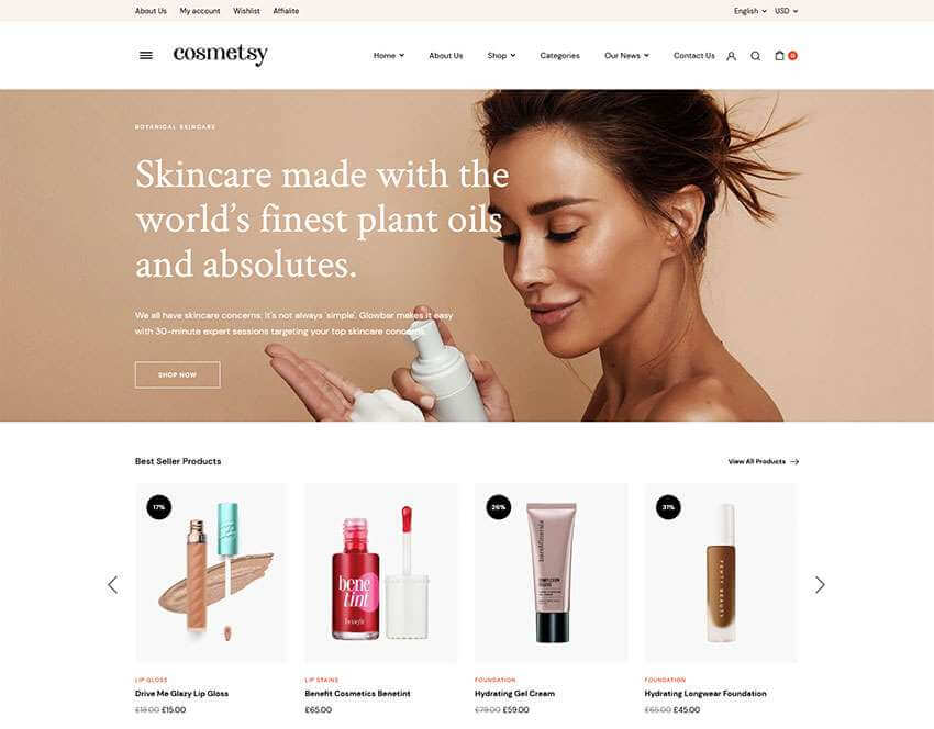 Cosmetsy là mẫu theme wordpress dễ sử dụng, giúp bạn xây dựng web mỹ phẩm một cách dễ dàng