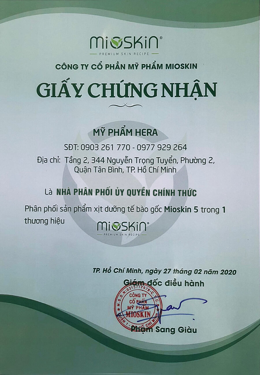giấy chứng nhận nhà phân phối xịt khoáng mioskin chính hãng mỹ phẩm hera